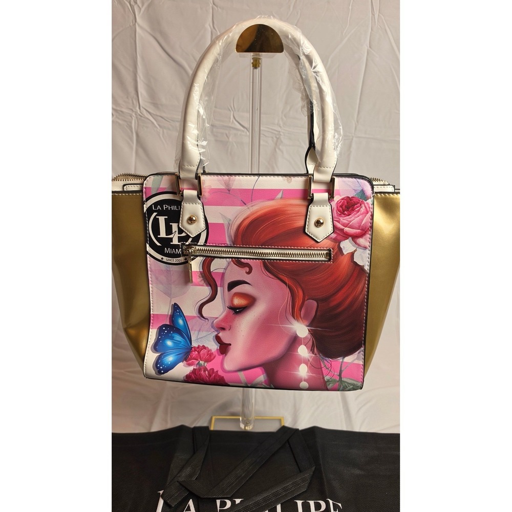 La Philipe Miami Satchel Handbag Pink Gold Graphic Print NWT LP1022-14